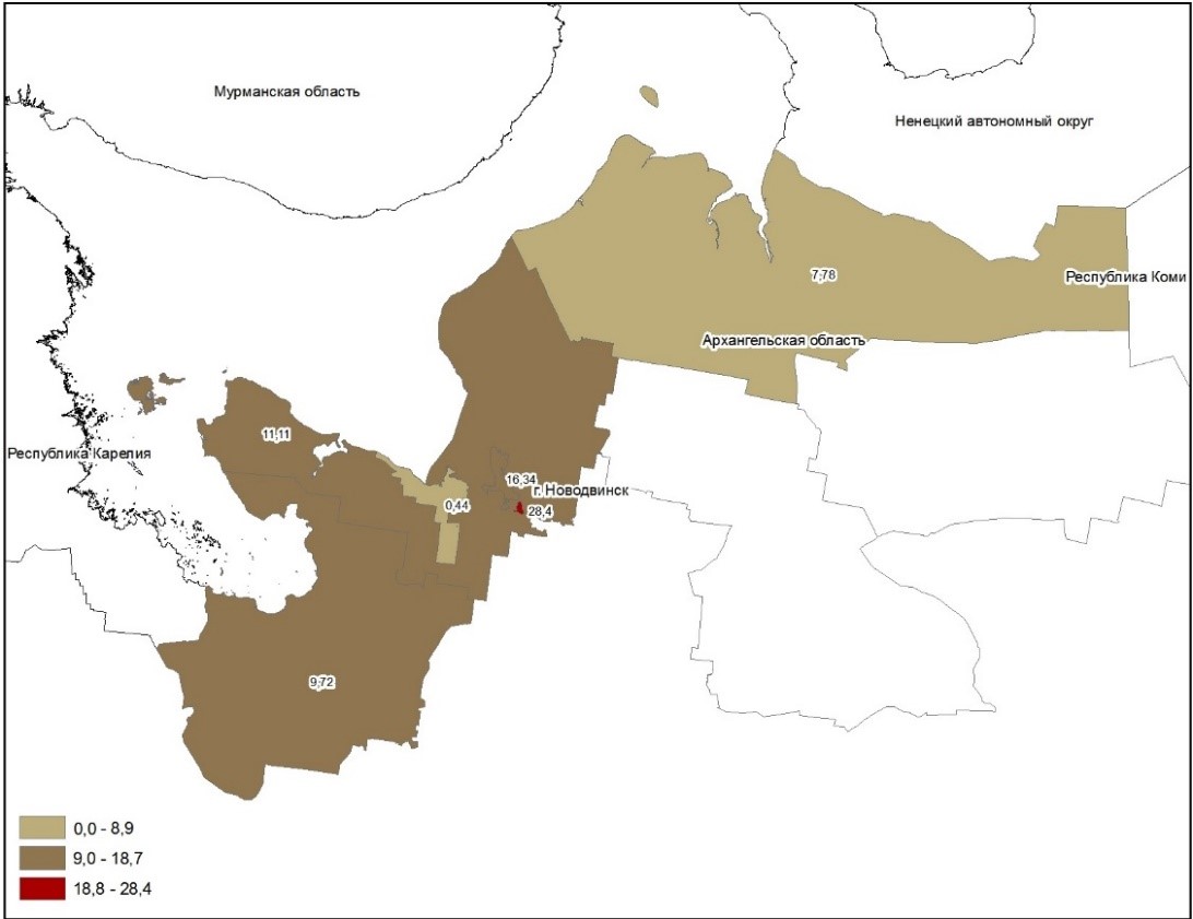 Specific gravity of soil samples (%) investigated in the Murmansk region that do not meet hygienic standards for sanitary and chemical indicators in 2020. Data visualization on the geoportal