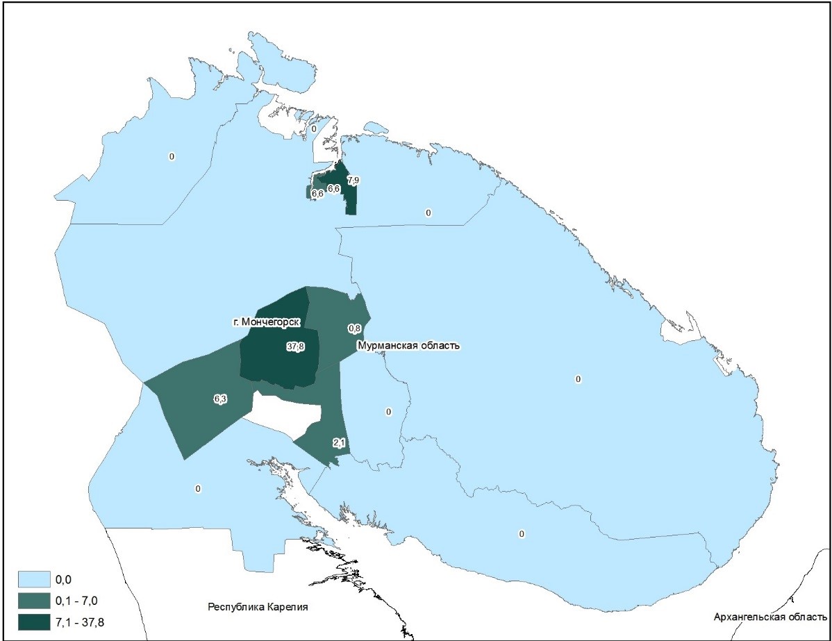 Specific gravity of soil samples (%) investigated in the Arkhangelsk region that do not meet hygienic standards for sanitary and chemical indicators in 2020. Data visualization on the geoportal